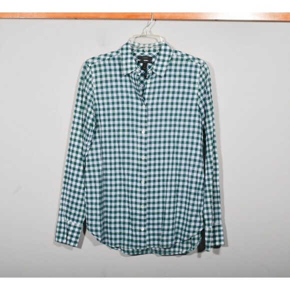 J. Crew White Green Gingham Crinkle Cotton Boy Cut Button Up Shirt Blouse Sz 6 - Picture 2 of 4